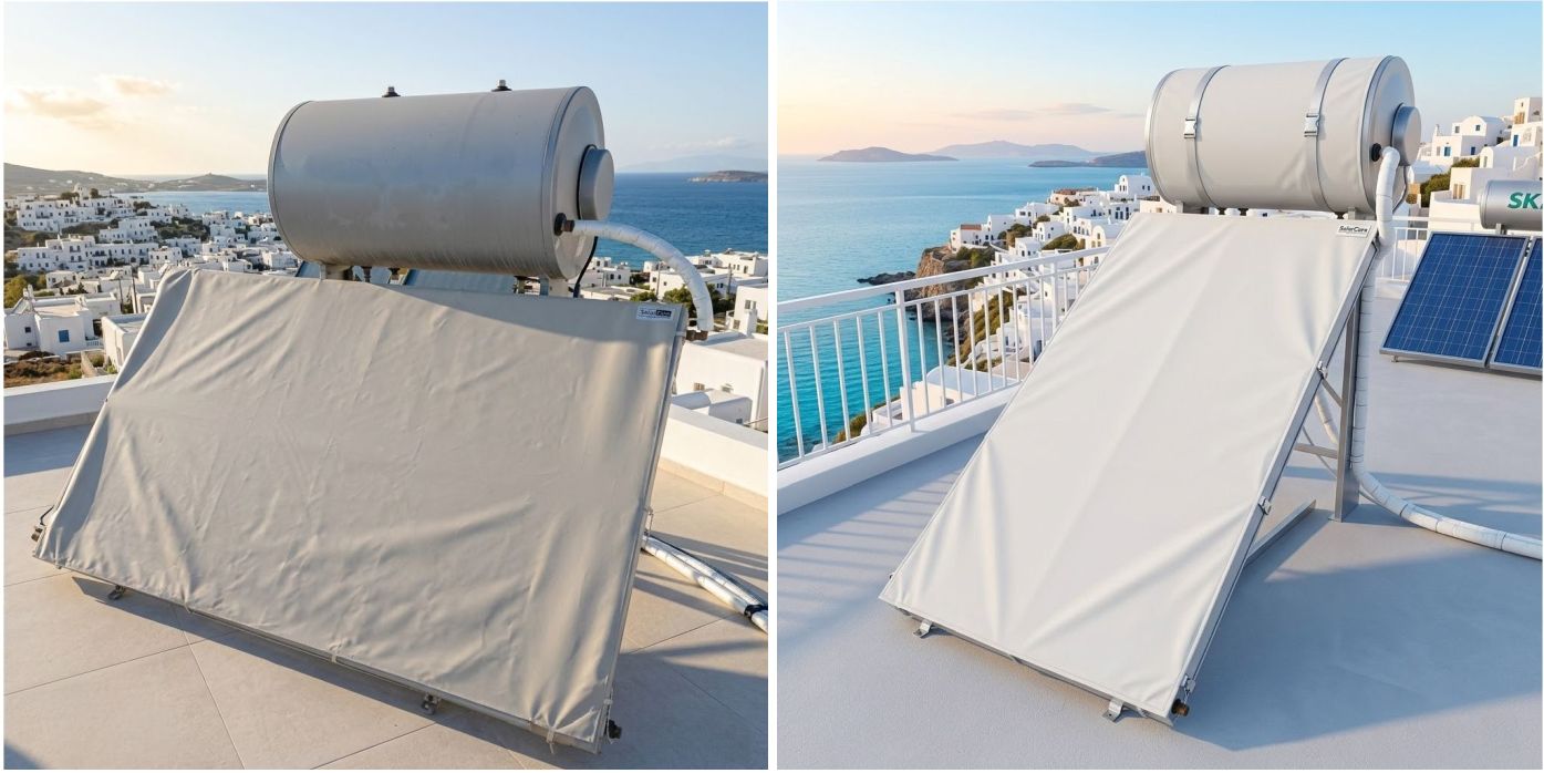 Εκρού αδιάβροχο κάλυμμα SolarCare τοποθετημένο σε ηλιακό συλλέκτη στην ταράτσα για προστασία από την υπερθέρμανση.